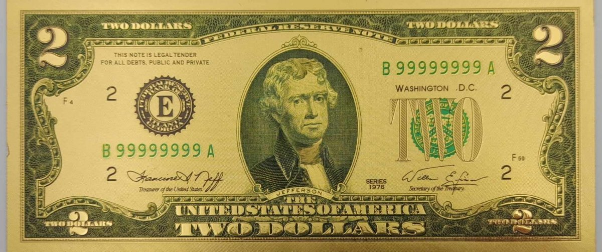 BANKNOT FANTAZYJNY POZŁACANY 2 DOLARY USA
